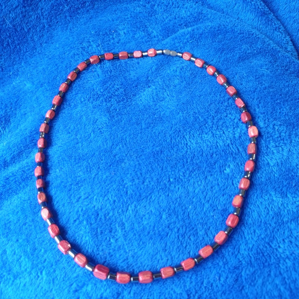 Vintage Cherry Wood Black Metallic Beaded Mixed Media Necklace